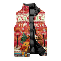 Native American Christmas Sleeveless Puffer Jacket with Red & Orange Geometric Pattern Santa Claus and Teepee Motif - Wonder Print Shop