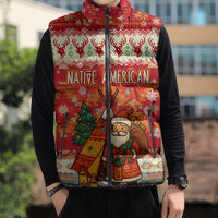 Native American Christmas Sleeveless Puffer Jacket with Red & Orange Geometric Pattern Santa Claus and Teepee Motif - Wonder Print Shop