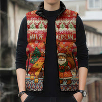 Native American Christmas Sleeveless Puffer Jacket with Red & Orange Geometric Pattern Santa Claus and Teepee Motif - Wonder Print Shop
