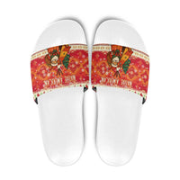 Native American Christmas Slide Sandals with Red & Orange Geometric Pattern Santa Claus and Teepee Motif - Wonder Print Shop