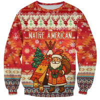 Native American Christmas Sweatshirt with Red & Orange Geometric Pattern Santa Claus and Teepee Motif - Wonder Print Shop