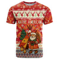 Native American Christmas T Shirt with Red & Orange Geometric Pattern Santa Claus and Teepee Motif - Wonder Print Shop