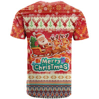 Native American Christmas T Shirt with Red & Orange Geometric Pattern Santa Claus and Teepee Motif - Wonder Print Shop
