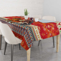 Native American Christmas Tablecloth with Red & Orange Geometric Pattern Santa Claus and Teepee Motif - Wonder Print Shop