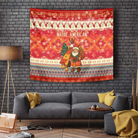 Native American Christmas Tapestry with Red & Orange Geometric Pattern Santa Claus and Teepee Motif - Wonder Print Shop