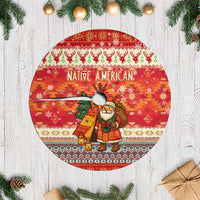Native American Christmas Tree Skirt with Red & Orange Geometric Pattern Santa Claus and Teepee Motif - Wonder Print Shop
