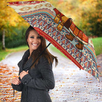 Native American Christmas Umbrella with Red & Orange Geometric Pattern Santa Claus and Teepee Motif - Wonder Print Shop