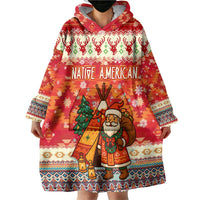 Native American Christmas Wearable Blanket Hoodie with Red & Orange Geometric Pattern Santa Claus and Teepee Motif - Wonder Print Shop