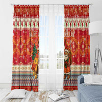 Native American Christmas Window Curtain with Red & Orange Geometric Pattern Santa Claus and Teepee Motif - Wonder Print Shop