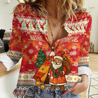 Native American Christmas Women Casual Shirt with Red & Orange Geometric Pattern Santa Claus and Teepee Motif - Wonder Print Shop