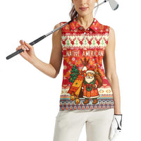 Native American Christmas Women Sleeveless Polo Shirt with Red & Orange Geometric Pattern Santa Claus and Teepee Motif - Wonder Print Shop