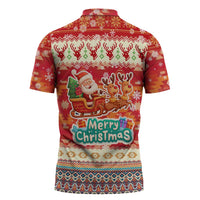 Native American Christmas Zipper Polo Shirt with Red & Orange Geometric Pattern Santa Claus and Teepee Motif - Wonder Print Shop