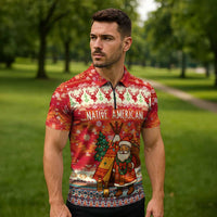 Native American Christmas Zipper Polo Shirt with Red & Orange Geometric Pattern Santa Claus and Teepee Motif - Wonder Print Shop
