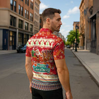 Native American Christmas Zipper Polo Shirt with Red & Orange Geometric Pattern Santa Claus and Teepee Motif - Wonder Print Shop