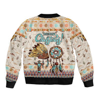 Native American Christmas Bomber Jacket with Beige Tribal Pattern Santa Claus and Dreamcatcher Motif - Wonder Print Shop