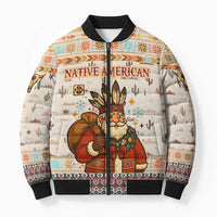 Native American Christmas Bomber Puffer Jacket with Beige Tribal Pattern Santa Claus and Dreamcatcher Motif - Wonder Print Shop