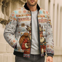 Native American Christmas Bomber Puffer Jacket with Beige Tribal Pattern Santa Claus and Dreamcatcher Motif - Wonder Print Shop
