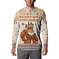 Native American Christmas Button Sweatshirt with Beige Tribal Pattern Santa Claus and Dreamcatcher Motif - Wonder Print Shop