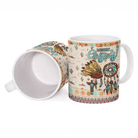 Native American Christmas Ceramic Mug with Beige Tribal Pattern Santa Claus and Dreamcatcher Motif - Wonder Print Shop