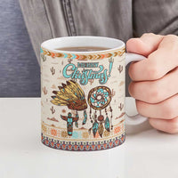 Native American Christmas Ceramic Mug with Beige Tribal Pattern Santa Claus and Dreamcatcher Motif - Wonder Print Shop