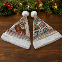 Native American Christmas Santa Hat with Beige Tribal Pattern Santa Claus and Dreamcatcher Motif - Wonder Print Shop
