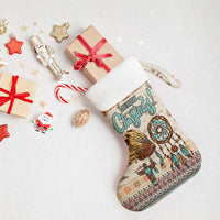 Native American Christmas Stocking with Beige Tribal Pattern Santa Claus and Dreamcatcher Motif - Wonder Print Shop