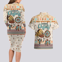 Native American Christmas Couples Matching Long Sleeve Bodycon Dress and Hawaiian Shirt with Beige Tribal Pattern Santa Claus and Dreamcatcher Motif - Wonder Print Shop