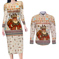 Native American Christmas Couples Matching Long Sleeve Bodycon Dress and Long Sleeve Button Shirt with Beige Tribal Pattern Santa Claus and Dreamcatcher Motif - Wonder Print Shop