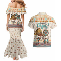 Native American Christmas Couples Matching Mermaid Dress and Hawaiian Shirt with Beige Tribal Pattern Santa Claus and Dreamcatcher Motif - Wonder Print Shop