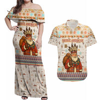 Native American Christmas Couples Matching Off Shoulder Maxi Dress and Hawaiian Shirt with Beige Tribal Pattern Santa Claus and Dreamcatcher Motif - Wonder Print Shop