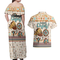 Native American Christmas Couples Matching Off Shoulder Maxi Dress and Hawaiian Shirt with Beige Tribal Pattern Santa Claus and Dreamcatcher Motif - Wonder Print Shop