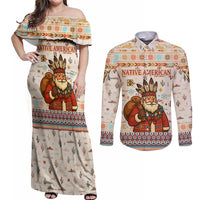 Native American Christmas Couples Matching Off Shoulder Maxi Dress and Long Sleeve Button Shirt with Beige Tribal Pattern Santa Claus and Dreamcatcher Motif - Wonder Print Shop