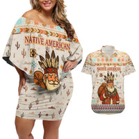 Native American Christmas Couples Matching Off Shoulder Short Dress and Hawaiian Shirt with Beige Tribal Pattern Santa Claus and Dreamcatcher Motif - Wonder Print Shop