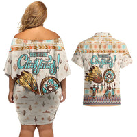 Native American Christmas Couples Matching Off Shoulder Short Dress and Hawaiian Shirt with Beige Tribal Pattern Santa Claus and Dreamcatcher Motif - Wonder Print Shop