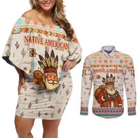 Native American Christmas Couples Matching Off Shoulder Short Dress and Long Sleeve Button Shirt with Beige Tribal Pattern Santa Claus and Dreamcatcher Motif - Wonder Print Shop