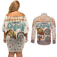 Native American Christmas Couples Matching Off Shoulder Short Dress and Long Sleeve Button Shirt with Beige Tribal Pattern Santa Claus and Dreamcatcher Motif - Wonder Print Shop