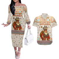 Native American Christmas Couples Matching Off The Shoulder Long Sleeve Dress and Hawaiian Shirt with Beige Tribal Pattern Santa Claus and Dreamcatcher Motif - Wonder Print Shop