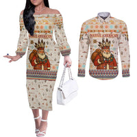 Native American Christmas Couples Matching Off The Shoulder Long Sleeve Dress and Long Sleeve Button Shirt with Beige Tribal Pattern Santa Claus and Dreamcatcher Motif - Wonder Print Shop
