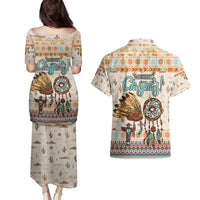 Native American Christmas Couples Matching Puletasi and Hawaiian Shirt with Beige Tribal Pattern Santa Claus and Dreamcatcher Motif - Wonder Print Shop
