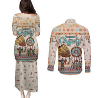 Native American Christmas Couples Matching Puletasi and Long Sleeve Button Shirt with Beige Tribal Pattern Santa Claus and Dreamcatcher Motif - Wonder Print Shop