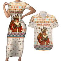 Native American Christmas Couples Matching Short Sleeve Bodycon Dress and Hawaiian Shirt with Beige Tribal Pattern Santa Claus and Dreamcatcher Motif - Wonder Print Shop
