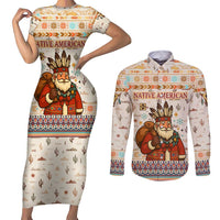 Native American Christmas Couples Matching Short Sleeve Bodycon Dress and Long Sleeve Button Shirt with Beige Tribal Pattern Santa Claus and Dreamcatcher Motif - Wonder Print Shop