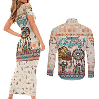 Native American Christmas Couples Matching Short Sleeve Bodycon Dress and Long Sleeve Button Shirt with Beige Tribal Pattern Santa Claus and Dreamcatcher Motif - Wonder Print Shop