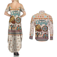 Native American Christmas Couples Matching Summer Maxi Dress and Long Sleeve Button Shirt with Beige Tribal Pattern Santa Claus and Dreamcatcher Motif - Wonder Print Shop