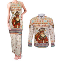 Native American Christmas Couples Matching Tank Maxi Dress and Long Sleeve Button Shirt with Beige Tribal Pattern Santa Claus and Dreamcatcher Motif - Wonder Print Shop