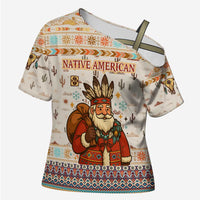 Native American Christmas Cross Shoulder Shirt with Beige Tribal Pattern Santa Claus and Dreamcatcher Motif - Wonder Print Shop