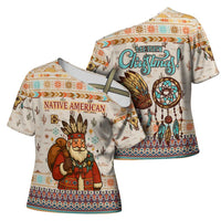 Native American Christmas Cross Shoulder Shirt with Beige Tribal Pattern Santa Claus and Dreamcatcher Motif - Wonder Print Shop