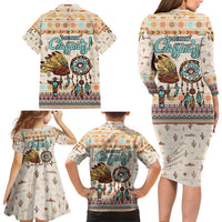 Native American Christmas Family Matching Long Sleeve Bodycon Dress and Hawaiian Shirt with Beige Tribal Pattern Santa Claus and Dreamcatcher Motif - Wonder Print Shop