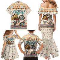 Native American Christmas Family Matching Mermaid Dress and Hawaiian Shirt with Beige Tribal Pattern Santa Claus and Dreamcatcher Motif - Wonder Print Shop