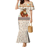 Native American Christmas Family Matching Mermaid Dress and Hawaiian Shirt with Beige Tribal Pattern Santa Claus and Dreamcatcher Motif - Wonder Print Shop